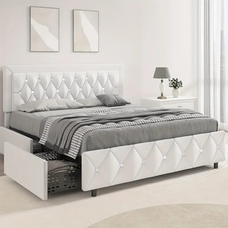 Jocisland Boucle Bed Frames, Upholstered Platform Bed with Curved Shaped Headboard, Soft Rounded Corners, Cream