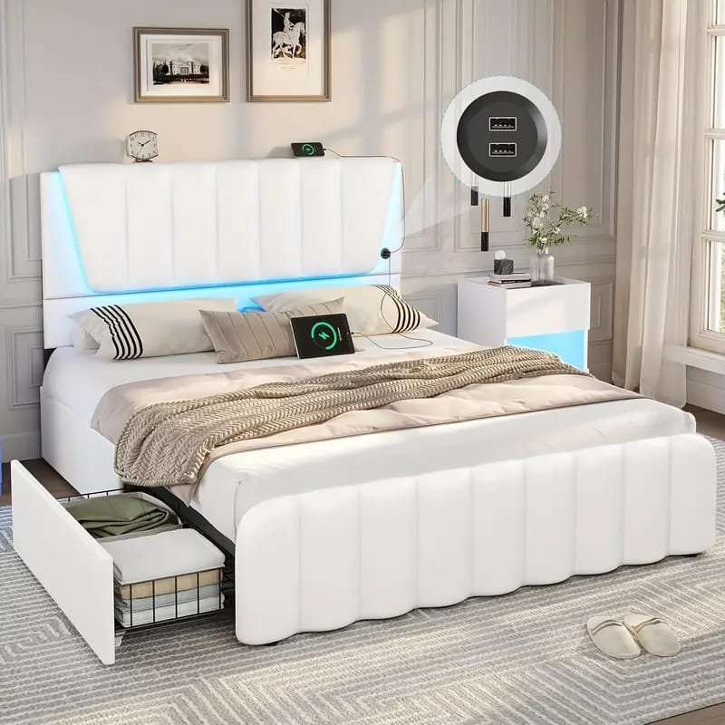 Jocisland Boucle Bed Frames, Upholstered Platform Bed with Curved Shaped Headboard, Soft Rounded Corners, Cream