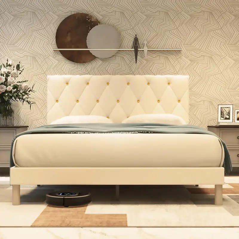 Jocisland Boucle Bed Frames, Upholstered Platform Bed with Curved Shaped Headboard, Soft Rounded Corners, Cream
