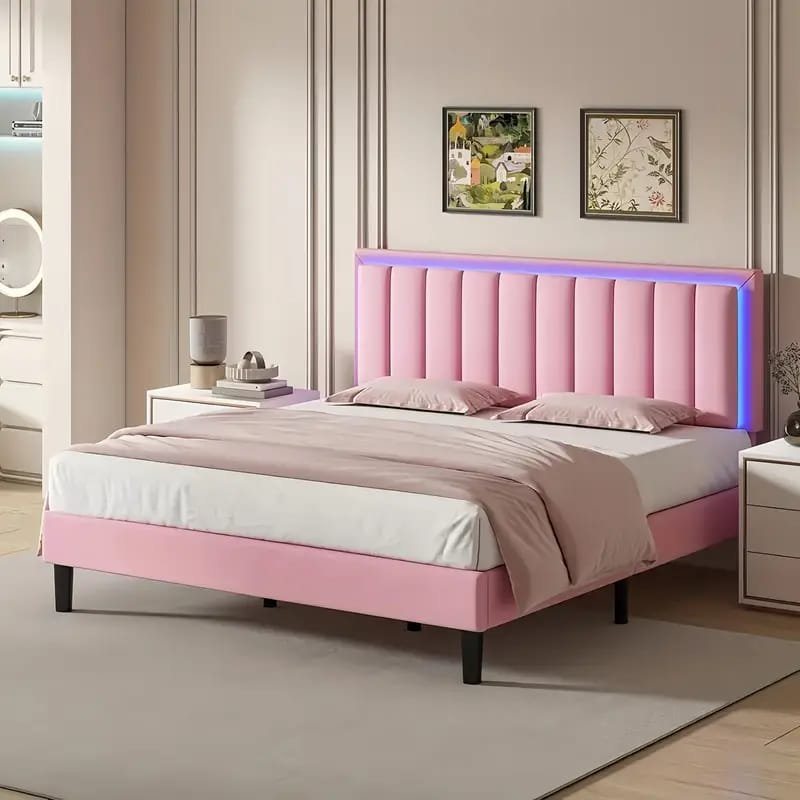 Jocisland Boucle Bed Frames, Upholstered Platform Bed with Curved Shaped Headboard, Soft Rounded Corners, Cream