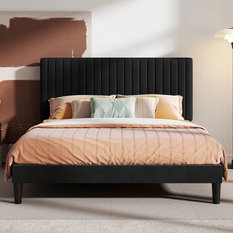 Boucle Bed Frames, Upholstered Platform Bed with Curved Shaped Headboard, Soft Rounded Corners, Cream