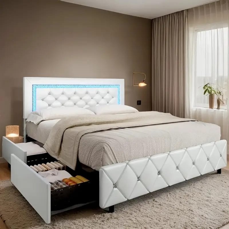 Jocisland Boucle Bed Frames, Upholstered Platform Bed with Curved Shaped Headboard, Soft Rounded Corners, Cream
