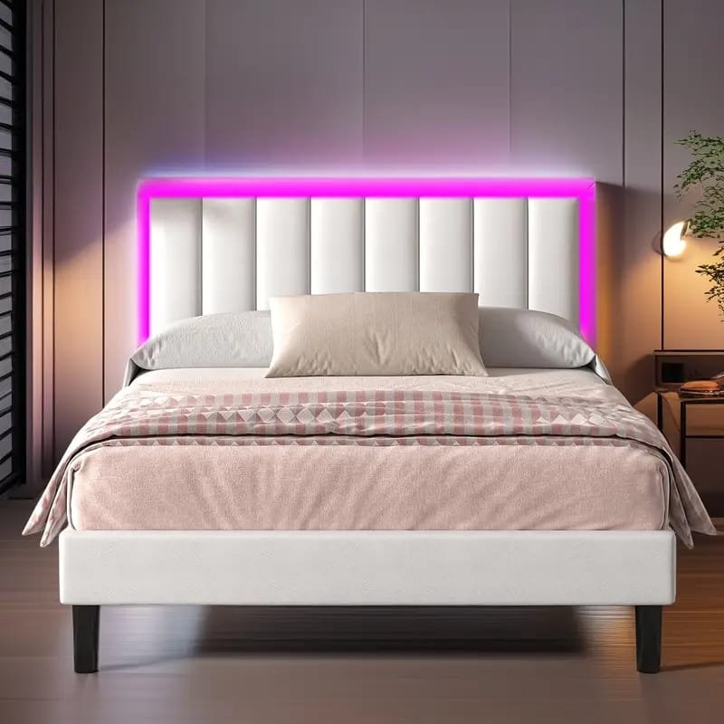 Jocisland Boucle Bed Frames, Upholstered Platform Bed with Curved Shaped Headboard, Soft Rounded Corners, Cream