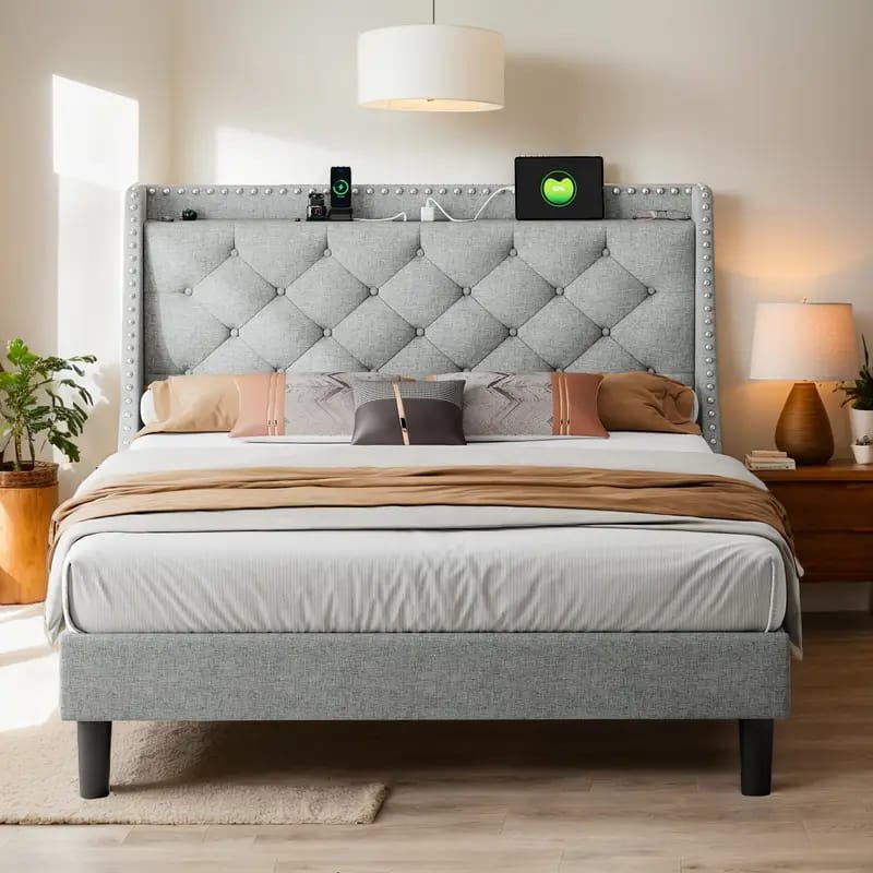 Jocisland Boucle Bed Frames, Upholstered Platform Bed with Curved Shaped Headboard, Soft Rounded Corners, Cream