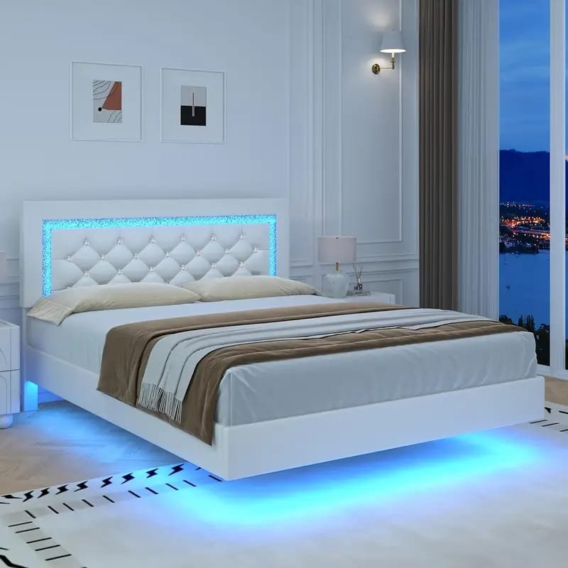 Jocisland Boucle Bed Frames, Upholstered Platform Bed with Curved Shaped Headboard, Soft Rounded Corners, Cream